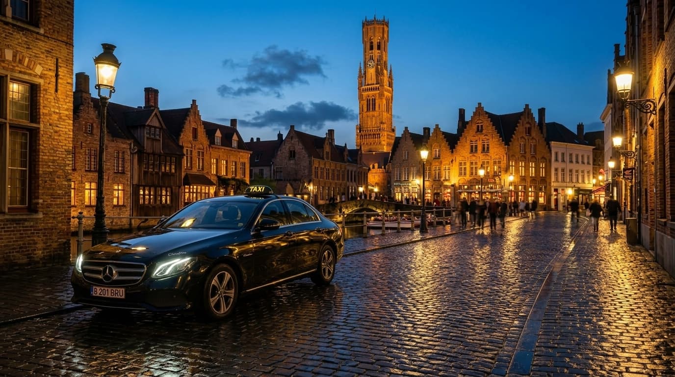 Luxury Black Mercedes Taxi Chauffeur in Bruges Belgium at Belfry