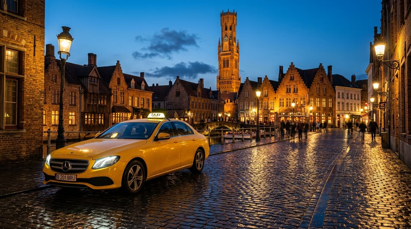 Luxury Yellow Taxi in Bruges Belgium at Belfry